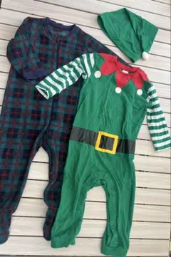 H&Mサンタ エルフ 帽子付き ＆ クリスマス フリース ロンパース 2点セット