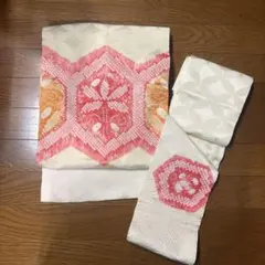 名古屋帯 クリーム色 幾何学模様