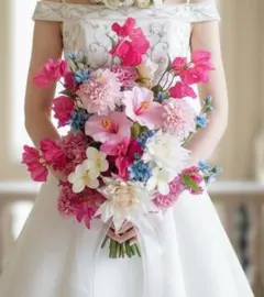 ハイビスカスとブーゲンビリアのブーケ　アーティフィシャルフラワー　ブートニア付き