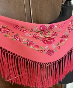 フラメンコ シージョ小判 マントン バラ刺繍 三角ショール オフ