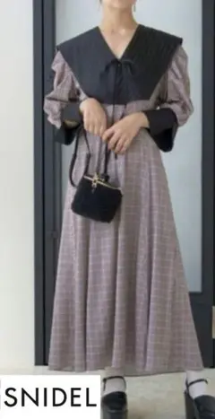 (新品)SNIDEL ロング ワンピース 千鳥格子柄 リボン フレア
