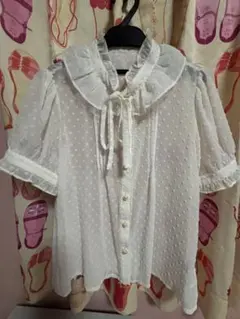 アンクルージュトップスブラウス白ドット柄リボンレースフリル