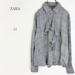 ◆ザラ【M】デザインブラウス シャツ チェック柄 フリル レーヨン カジュアル