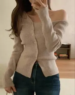 Dazy アシンメトリーボタン ワンショルダー リブニット モカブラウン L