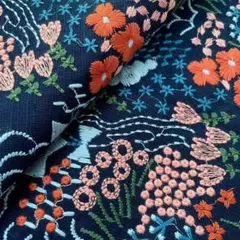 s38-n▼68×50cm▼コットンリネン刺繍生地▼花柄　ネイビー　高級感