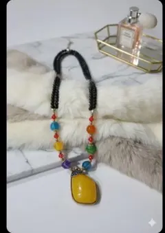 【未使用】マーライ エスニック ロングネックレス 大ぶり 天然石風 イエロー