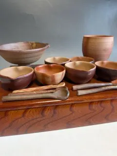 【美品】備前焼 片口小鉢6客＆陶製スプーン5本 大鉢・筒型器 13点セット 美品】備前焼 片口小鉢6客＆陶製スプーン5本 大鉢・筒型器 13点セット