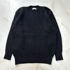 vintage ケーブルニット Vネック 黒 ウール100 L 古着 ノームコア