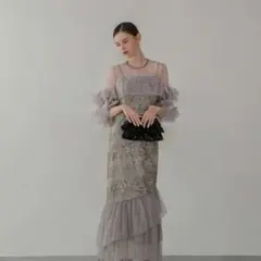 フラワースパンコールチュールフリルスリーブIラインワンピースドレス
