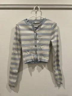 ZARA 水色と白のストライプ カーディガンM