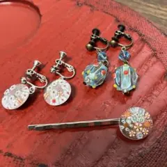 ガラス細工アクセサリーセット　イヤリング　ヘアピン　トンボ玉