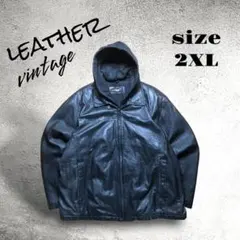 【US古着】BLACK RIVET 本革 レザージャケット フード付き 2XL