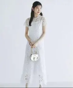 tocco 花卉鏤空蕾絲刺繡×線條蕾絲連衣裙 白色