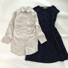 【2点セット】長袖シャツワンピース 半袖 チュニック ベージュ無地 総柄ドット紺