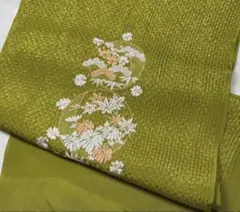 w-257 正絹帯揚げ 刺繍　金ラメ入り　丹後ちりめん　四季彩々　抹茶