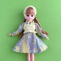 22cmドール服 2点セット ミモザ柄ワンピース ビスチェ バブーシュカ