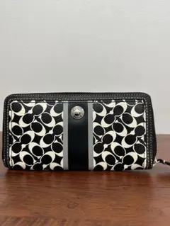 ★美品★COACHコーチ長財布 黒キャンバス レザー ラウンドファスナー