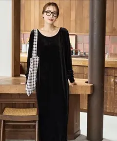 FREAK'S STORE ベロア バレエネック ロング ワンピース ブラック