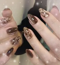 ネイルチップ　ブラウン　ヒョウ柄　シンプル　ロング　可愛い　ギャル　レオパード