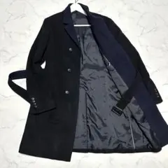 美品　スーツセレクト　襟切り替えチェスターコート　ブラック　ベルト付き　サイズL