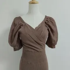 ​美品　MERCURYDUO異素材スリーブカシュクールニットワンピースブラウンF
