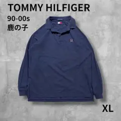 TOMMY HILFIGER 長袖ラガーポロ XL 鹿の子 刺繍ロゴ 紺 古着