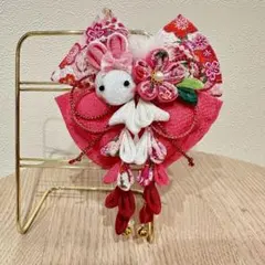 オーダーピンクのリボンウサギさんとお花