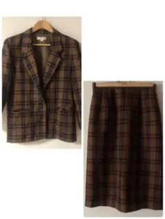 チェック柄セットアップ　ジャケット＋スカート　古着　スーツ　ブラウン　wool