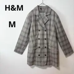 H&M M チェック柄 ダブルボタン ロング テーラードジャケット グレー