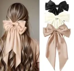 ヘアアクセサリー バレッタ リボン 大きめ ブラック 髪留め サテン セット割可