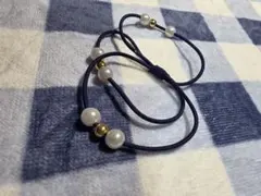 ネイビー パール装飾 ヘアゴム