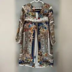 ZARA BASIC マルチカラー花柄ペイズリーVネックチュニックワンピースM