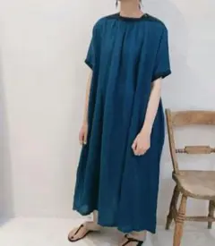 PLAIN PEOPLE リネン混 サイドスリット ロングワンピース ネイビー 
