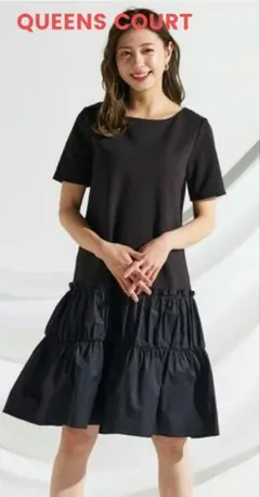 【未使用品】QUEENS COURT 黒 フリル ミニワンピース 半袖のサムネイル