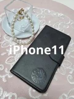 iPhone11 手帳型スマホケース　レザー　黒　シンプル　柴犬　犬