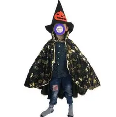 ハロウィン コスチューム キッズ用 黒と金パーティ魔女マント+帽子セット仮装衣装