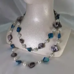 貝殻とパールが揺れるネックレス　ブルー　　　　　N001