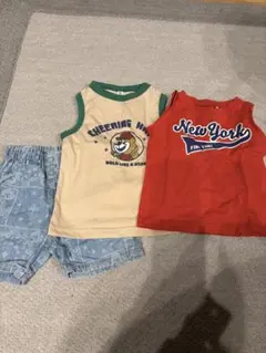 赤・ベージュ プリントTシャツとデニムショーツセット