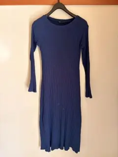 ZARA ネイビー リブニット長袖ワンピース Lサイズ