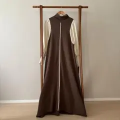 Bab 配色ニットロングワンピース　ブラウン/タートルネック