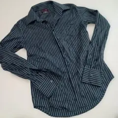 ZARA長袖縦ストライプシャツМ84%コットン黒スタンド襟オフィスカジュアルザラ