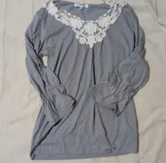 グレー レース装飾 長袖トップス