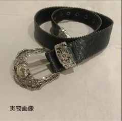 セール★ベルト クロコダイル ウエスタン シルバー ブラック 古着 レザー 黒