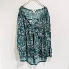 エイチアンドエム シャツ Vネック 長袖 ボタニカル柄 L 緑 ポリエステル
