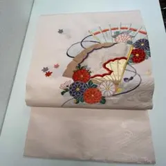 名古屋帯 帯 扇面文様 花柄 刺繍 淡色 フォーマル寄り 0408-4-ダ3