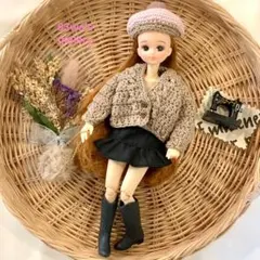 ＊22㎝ドール服＊ニットカーディガン＆フリルミニスカート＆ベレー帽＆バック4点