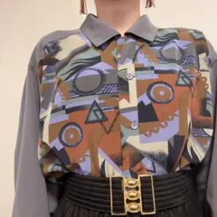 グレー系 アート柄 切り替え ヴィンテージ 柄シャツ オーバーサイズ ゆるだぼのサムネイル