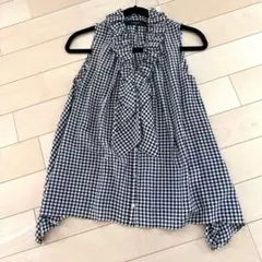 SACRA ギンガムチェック フリル ノースリーブシャツ M コットン シルク
