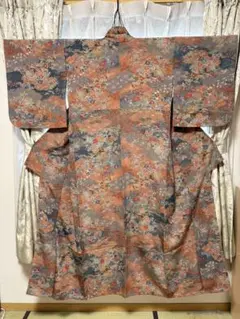 花柄小紋着物 絹製 オレンジ系