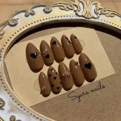 【現品】Ｍサイズネイルチップ ブラウン ハートネイル 茶色 大人可愛い ガーリー